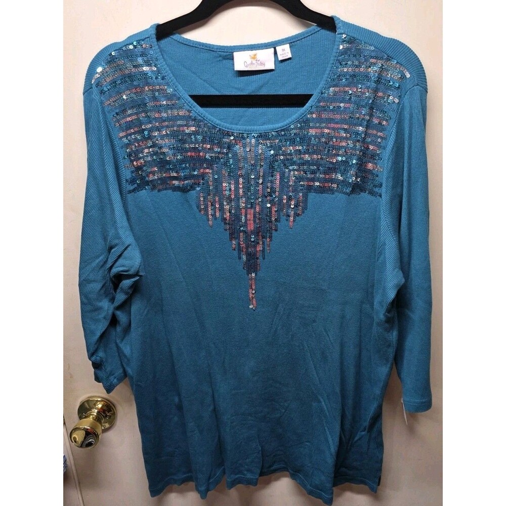 Quacker Factory 1x Top Blue Aqua Shirt Crew Neck Stratchy 3/4 Long Sleeve Glitte